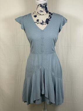 Eyeshadow Blue Polka Dot Flutter Sleeve High-Low Dress with Tie Back